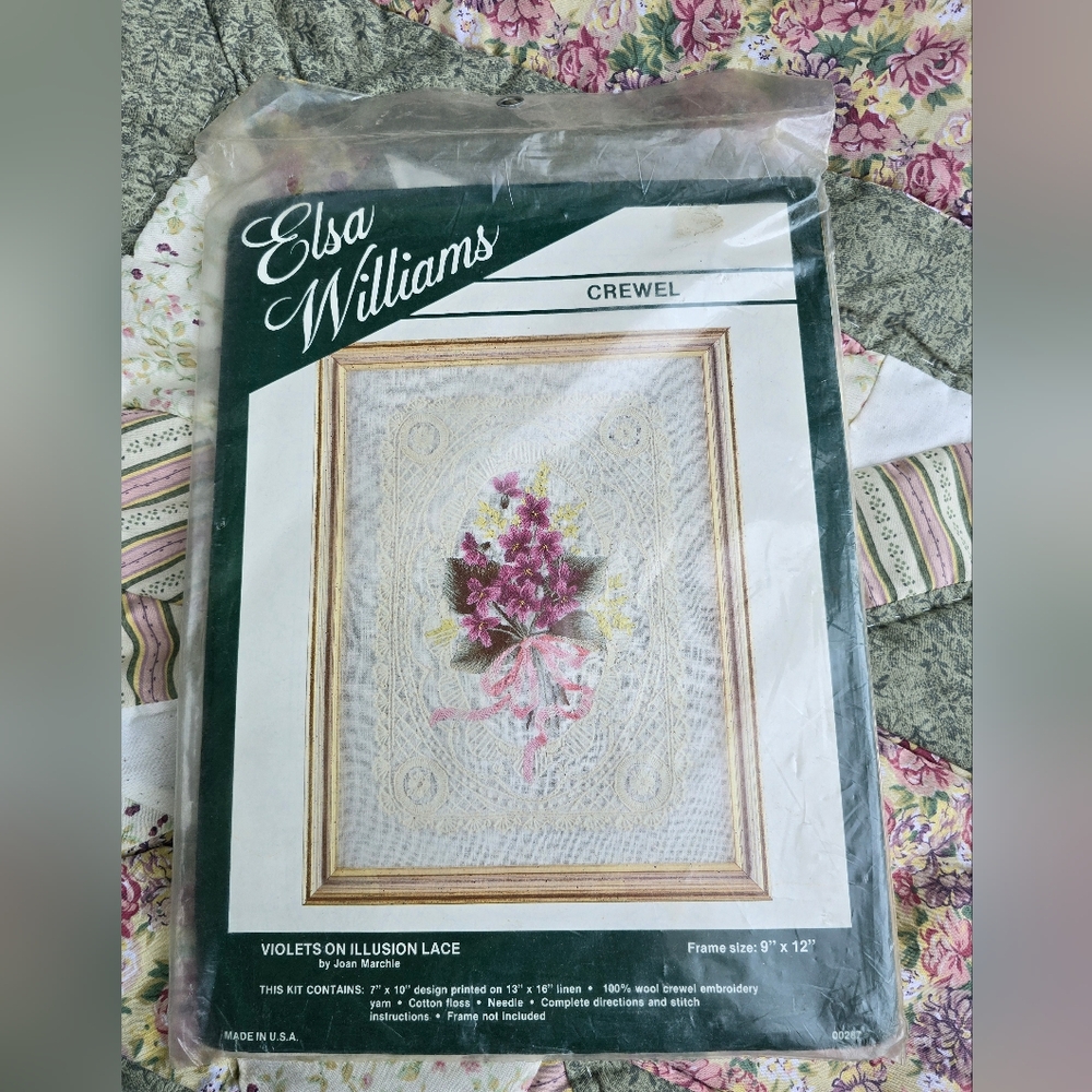 Elsa Williams Crewel Embroidery Kit - Violet's on illusion lace 9" X 12"